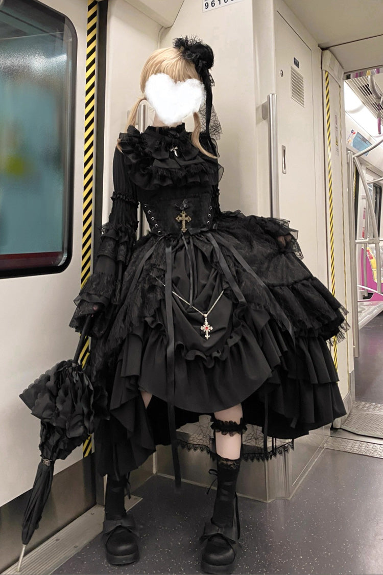 Gothic Lolita Skirt Dress Set with Long Hime Sleeves and Bow in Black