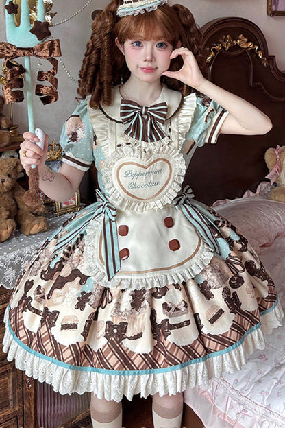 Peppermint Chocolate Cake Bear Print Lace-Up Lolita Dress with Bow - Sweet