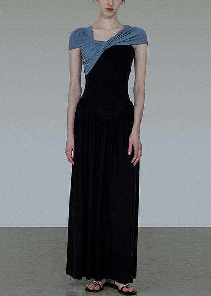 Dress Long Black Patchwork Slash Wrinkled Neck Original Cotton