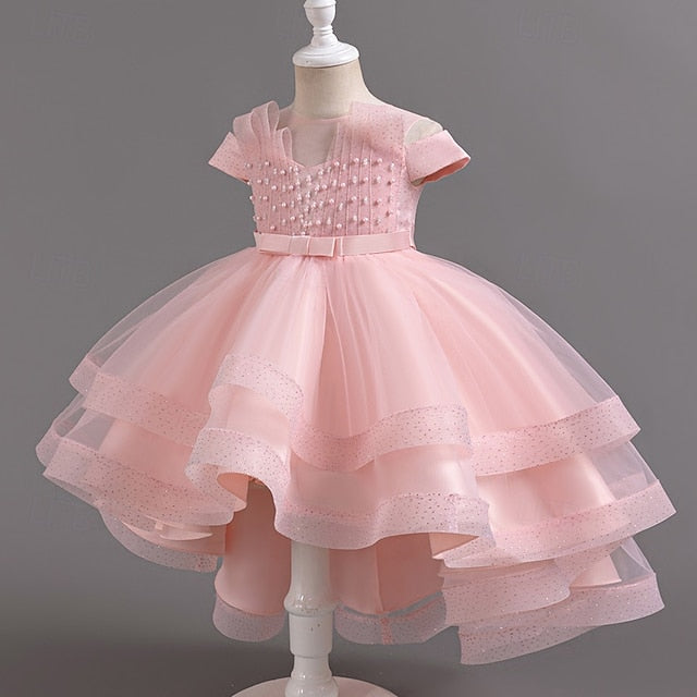 Wedding Girls' Party Dress Solid Sleeve Color Kids Short