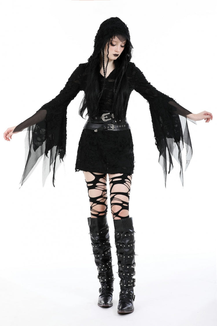Women's Gothic Hooded Slim Dress with Evil Devil Theme and Flared Sleeves