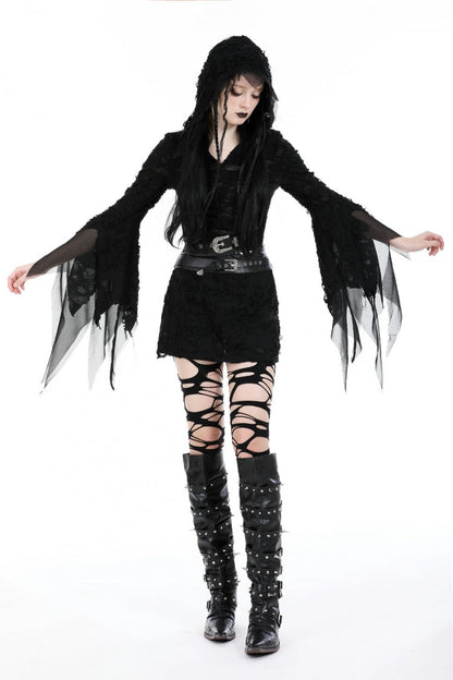 Women's Gothic Hooded Slim Dress with Evil Devil Theme and Flared Sleeves