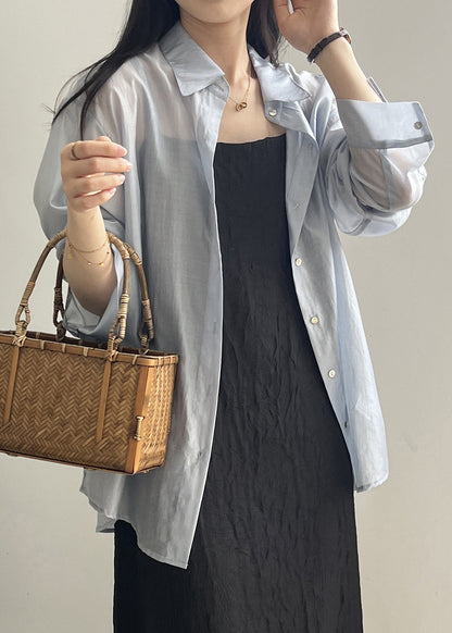 Open Up Pan Peter Spring Blouses Silk Lace Side Collar Blue