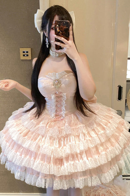 Blush Off-Shoulder Sleeveless Layered Ruffle Bow Lace-Up Princess Gown - Heartbeat at First Sight