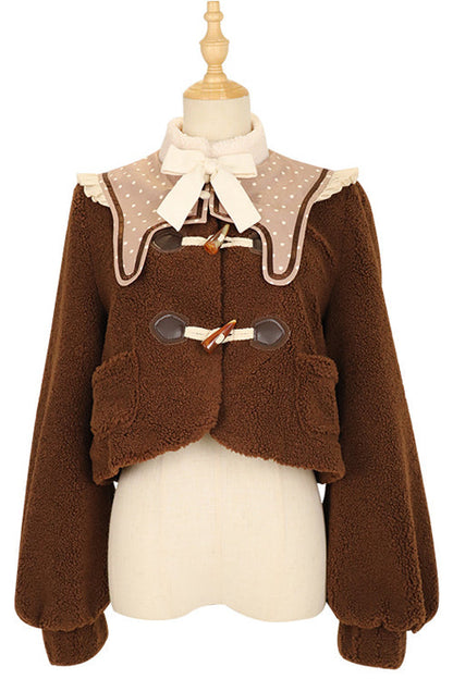 Sweet Lolita OP Gown with Round Collar, Lantern Sleeves & Cute Bear Motif