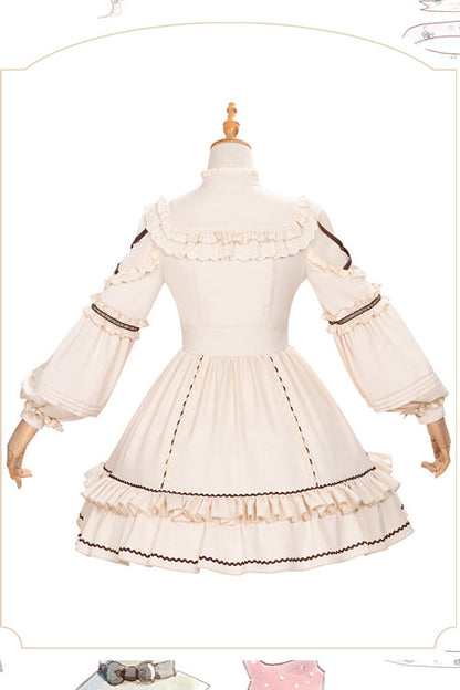 Tiered Sweet Lolita OP Gown with Removable Multi-Layer Ruffles & Lantern Sleeves, Cream
