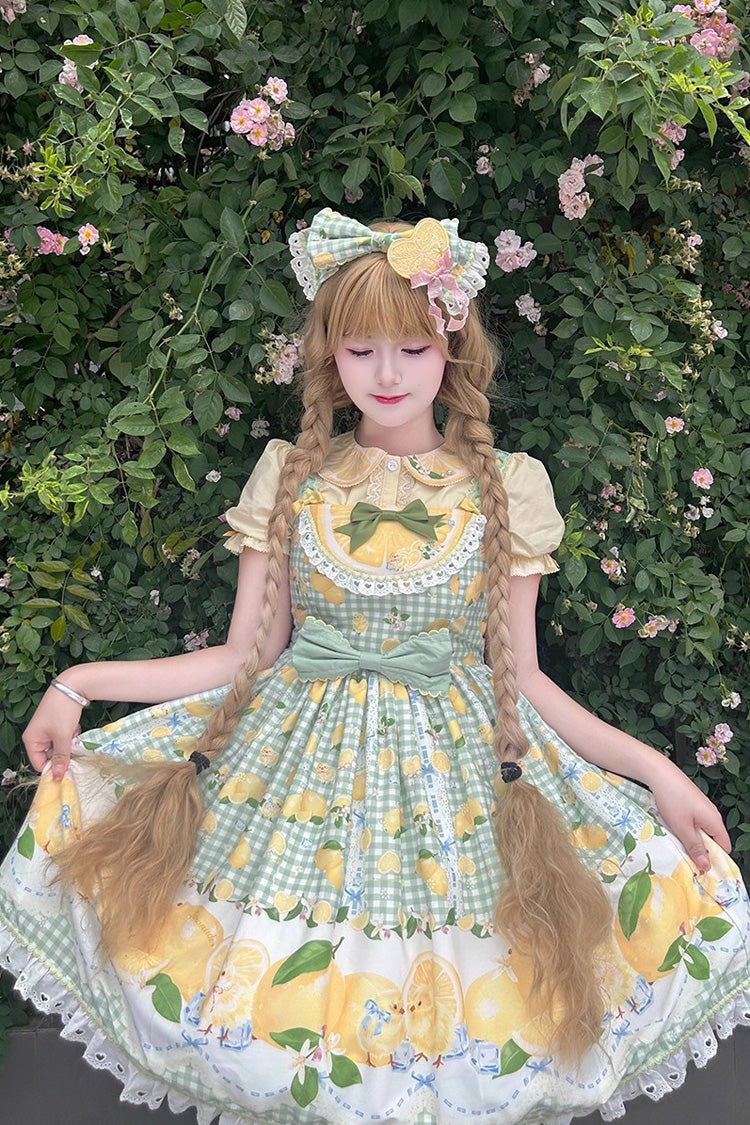 Emerald Lemon Chicken Print Ruffle Bowknot Sweet JSK Dress