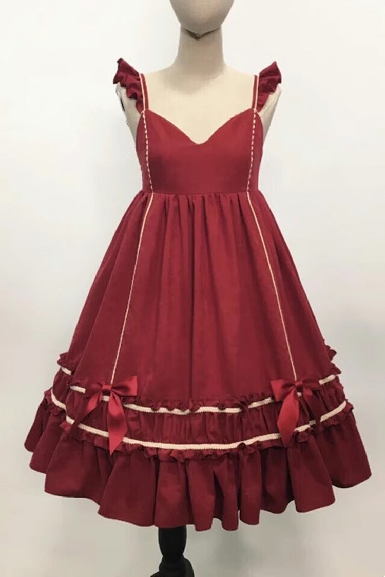 Crimson Vintage Lolita JSK Dress with Bow and Ruffle Details