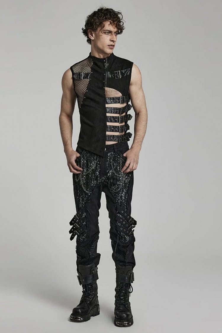 No-Sleeve Suede Leather Stitched Asymmetrical Gothic Waistcoat
