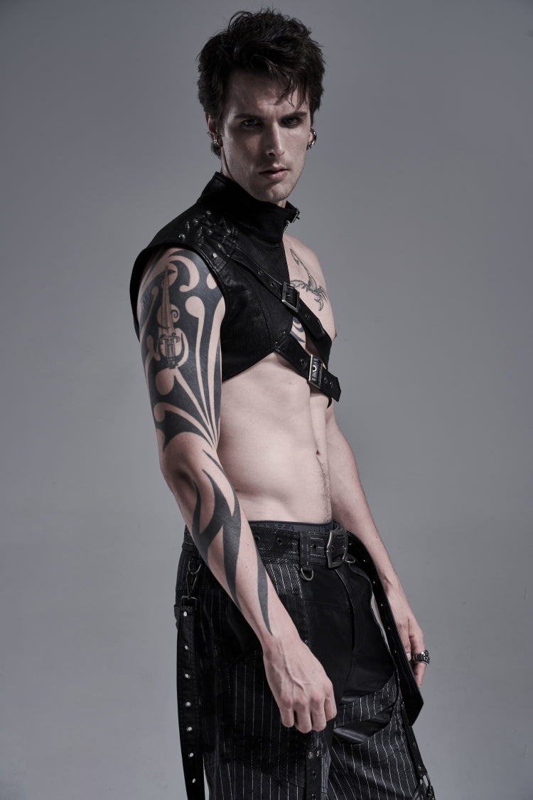 Men's Black Gothic Shoulder Harness, Asymmetric with Studs and Chains