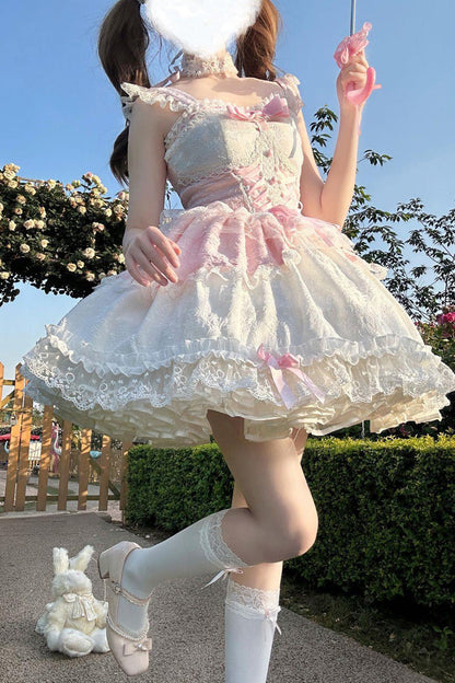 Blush Sleeveless Bow-Trimmed Lace JSK with Ruffle Accents - Leiffu