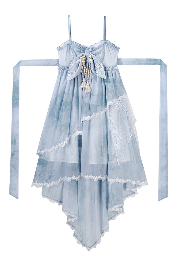 Azure Clouds Resting in the Wilderness Print Ruffle Embroidery Bow Lace Irregular Lolita Jumper Dress