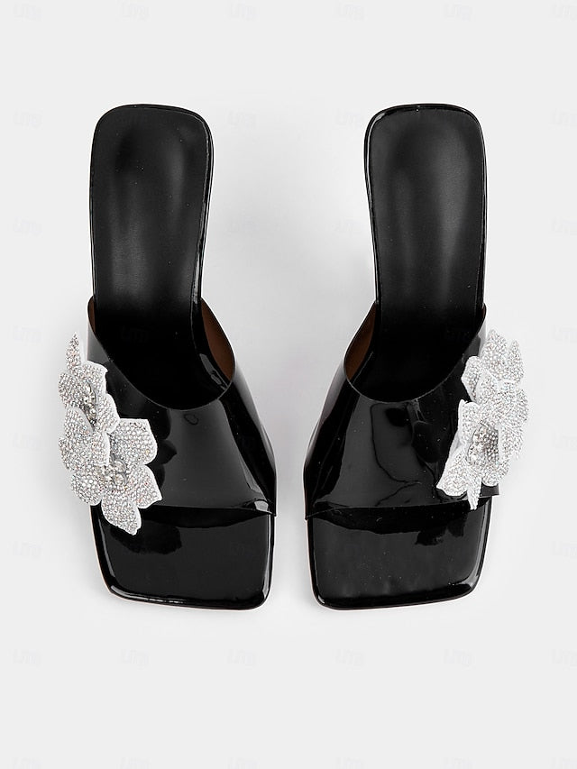 Black Rhinestone Women's Flower Leather with Mules Patent