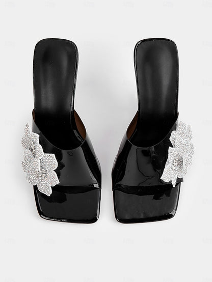 Black Rhinestone Women's Flower Leather with Mules Patent