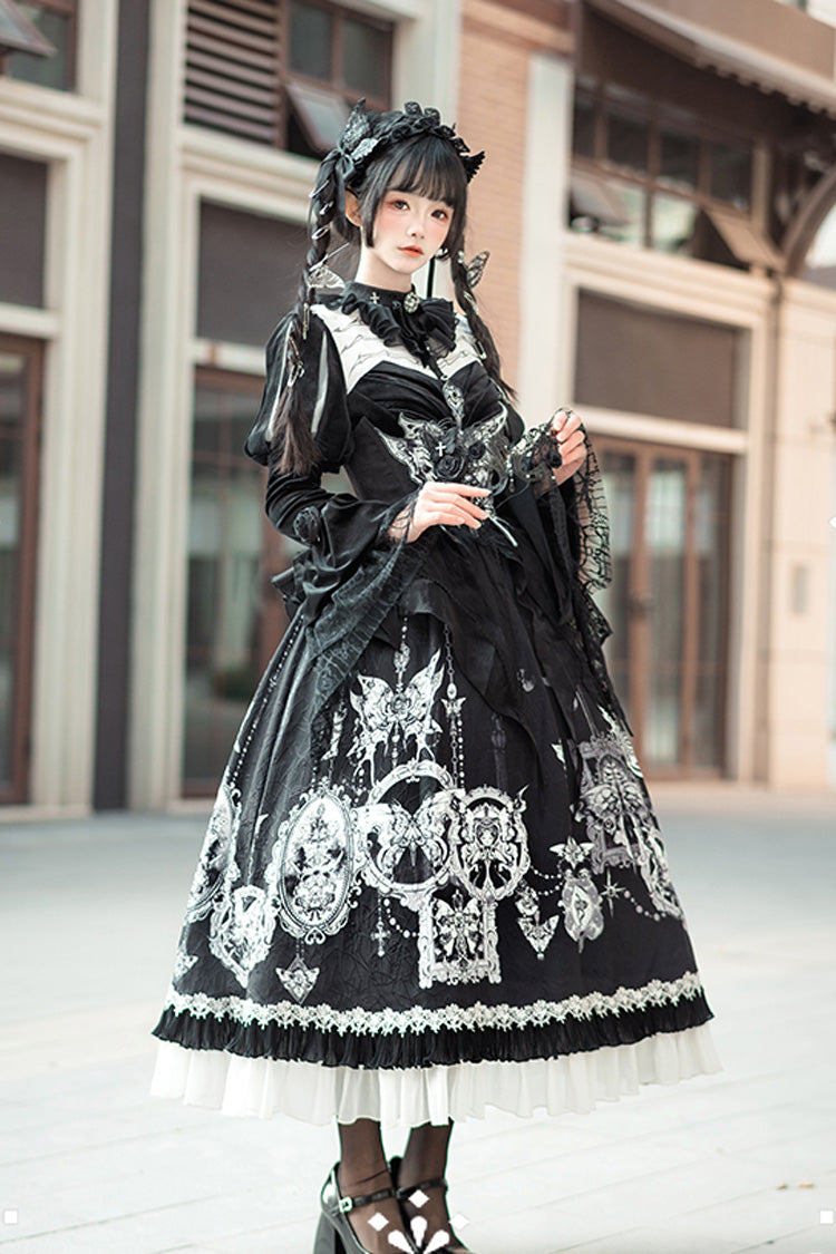Gothic Lolita Long Dress with Print, Ruffle, and Bowknot Lace in Black