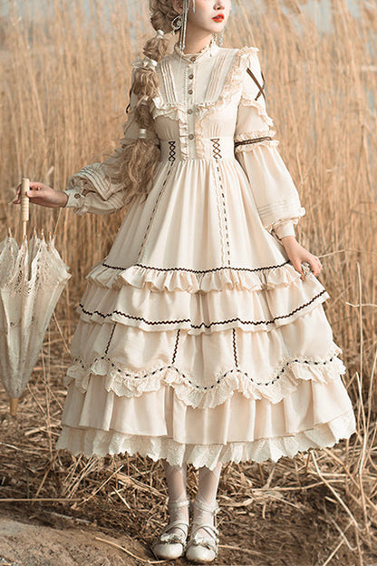 Tiered Sweet Lolita OP Gown with Removable Multi-Layer Ruffles & Lantern Sleeves, Cream