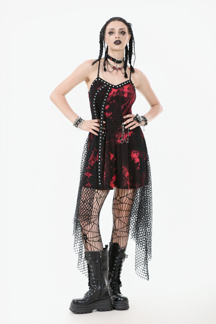 Crimson Punk Slip Dress with Asymmetric Tie-Dye and Mesh Hem