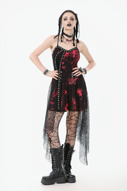 Crimson Punk Slip Dress with Asymmetric Tie-Dye and Mesh Hem