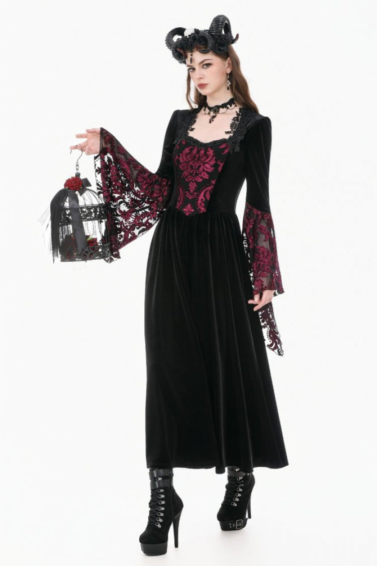 Crimson & Obsidian Square Collar Long Flare Puff Sleeves Lace Victorian Velvet Long Dress