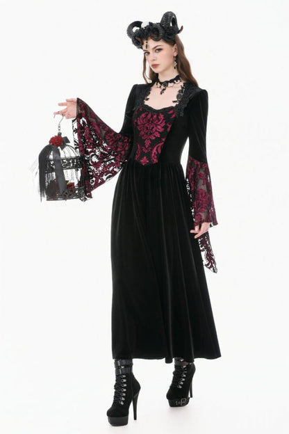 Crimson & Obsidian Square Collar Long Flare Puff Sleeves Lace Victorian Velvet Long Dress