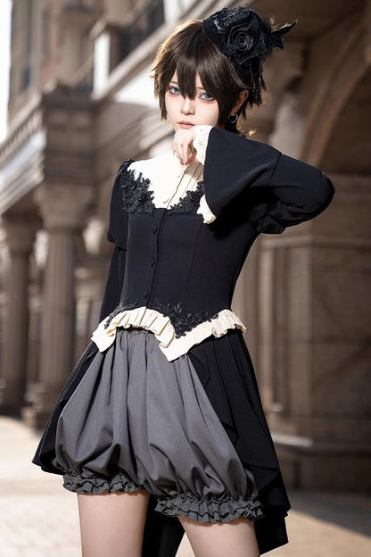 Prince Ouji Lolita Tailcoat Top and Shorts Set with Long Sleeves in Black