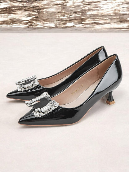 Crystal Embellished with Women's Black Patent Pumps Leather