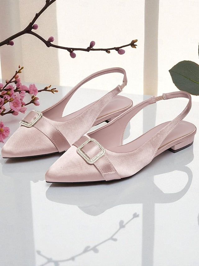 Rhinestone Flats Women's Satin with Pink Buckle Slingback