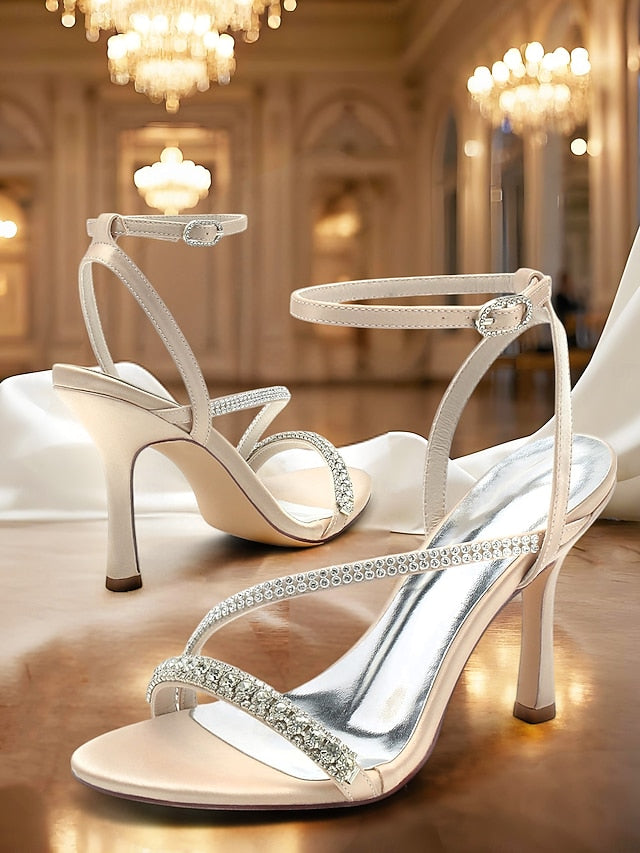 Sophisticated Satin Champagne – Rhinestone Heels Strappy