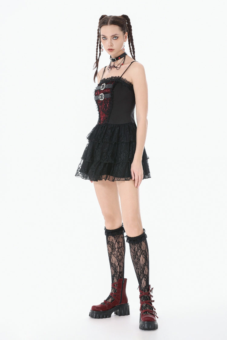 Crimson & Obsidian Sleeveless Multi-Layered Lace Lace-Up Grunge Cake Slip Dress