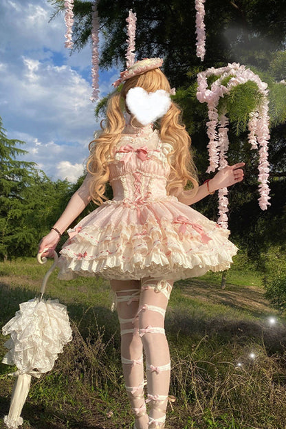 Blush Double-Layered Ruffle Bow Lace-Up Ballerina JSK - Flory Butterfly