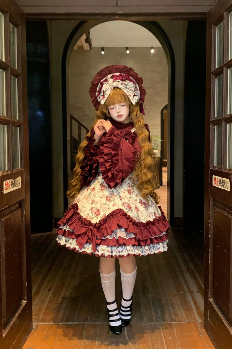 Off Shoulder Ruffled Bow Lace Gothic Lolita JSK Dress with Rose Print