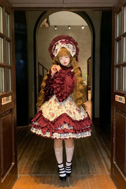 Off Shoulder Ruffled Bow Lace Gothic Lolita JSK Dress with Rose Print