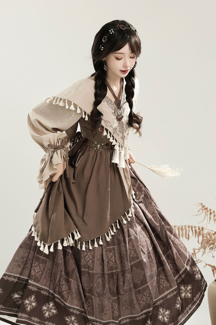 Mysterious Tribe Lantern Sleeve Chinese Style Lolita Dress - Asymmetric Ruffle
