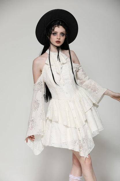 Steampunk Women's Dress with Halter Off-Shoulder Lapel Collar & Flare Sleeves, Cream