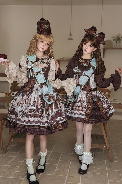 Teddy Bear Chocolate Ruffle Bow Sweet Lolita JSK Dress - Sleeveless Print