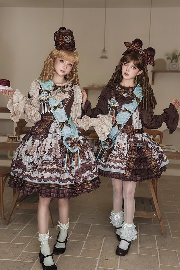 Teddy Bear Chocolate Asymmetric Lolita Strap Dress with Bow - Sleeveless