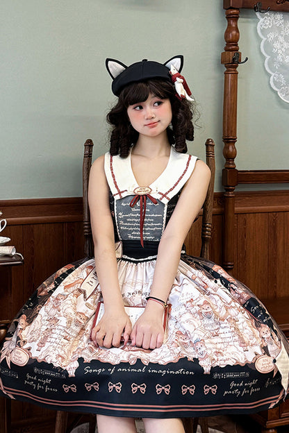 Ebony Printed Square-Collar Bow Classic Jumper Dress - Fox Band