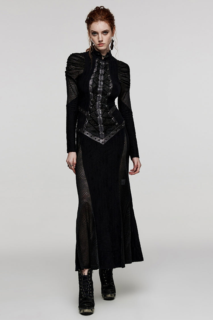 Black Gothic Dress with Snake Print, Lace-Up Mesh and High Collar for Women