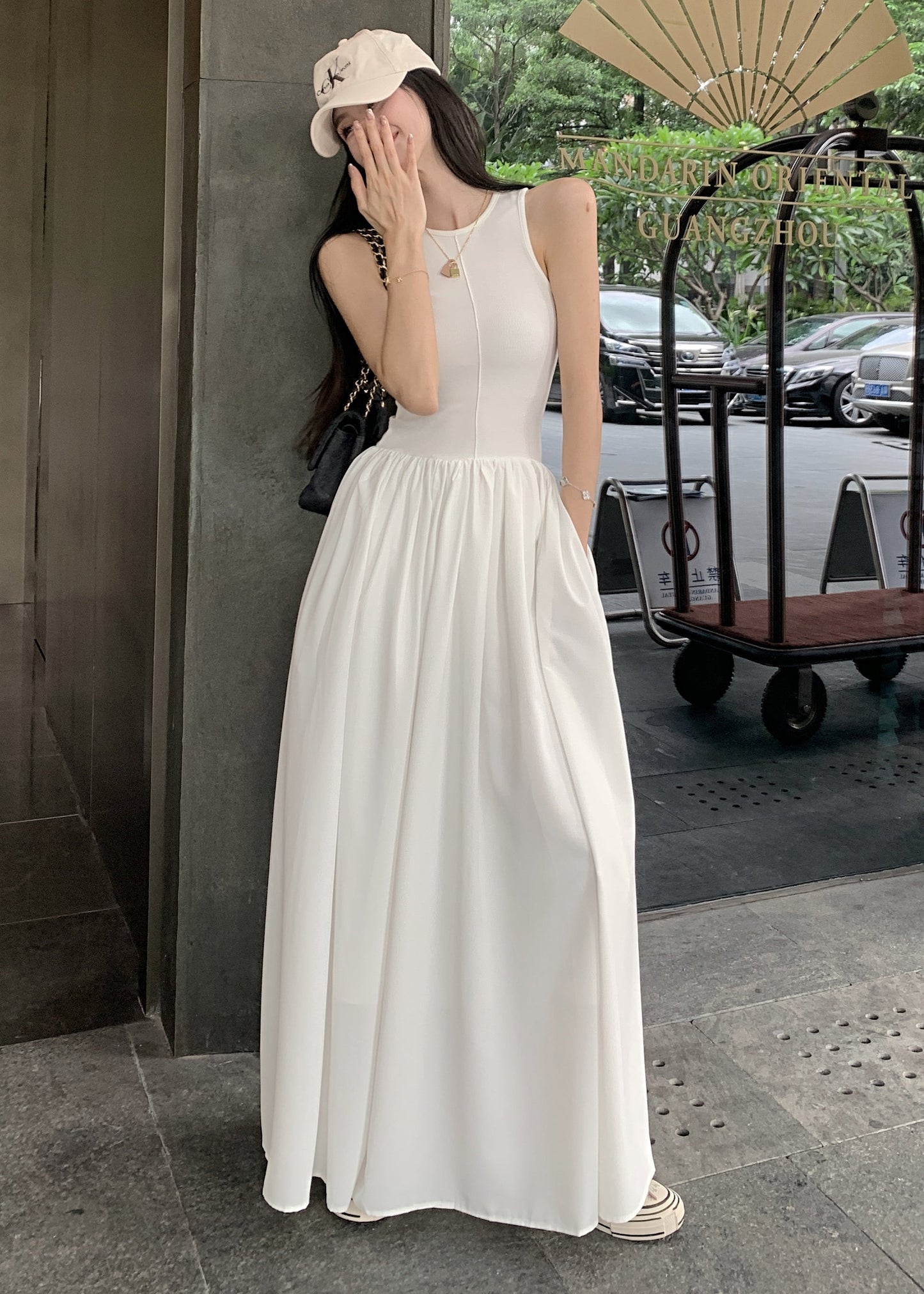 Cotton White Holiday Sleeveless Fit Silm Dress Patchwork