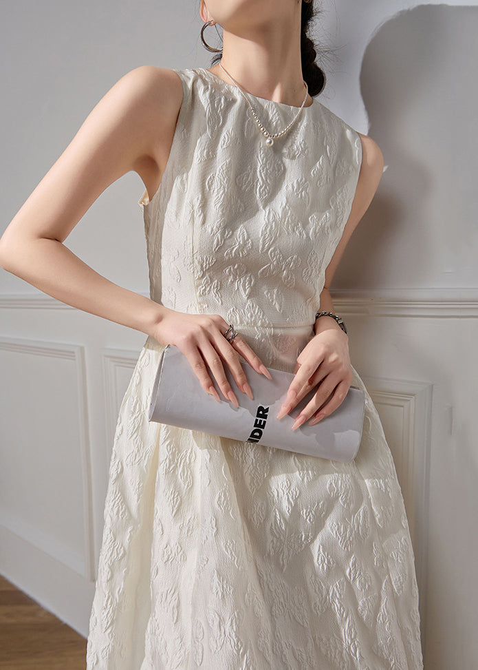High White Dresses Waist O-Neck Sleeveless Jacquard Long Cotton