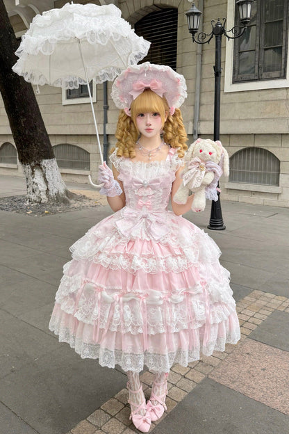 Blush Square Collar Embroidered Lace JSK with Bow