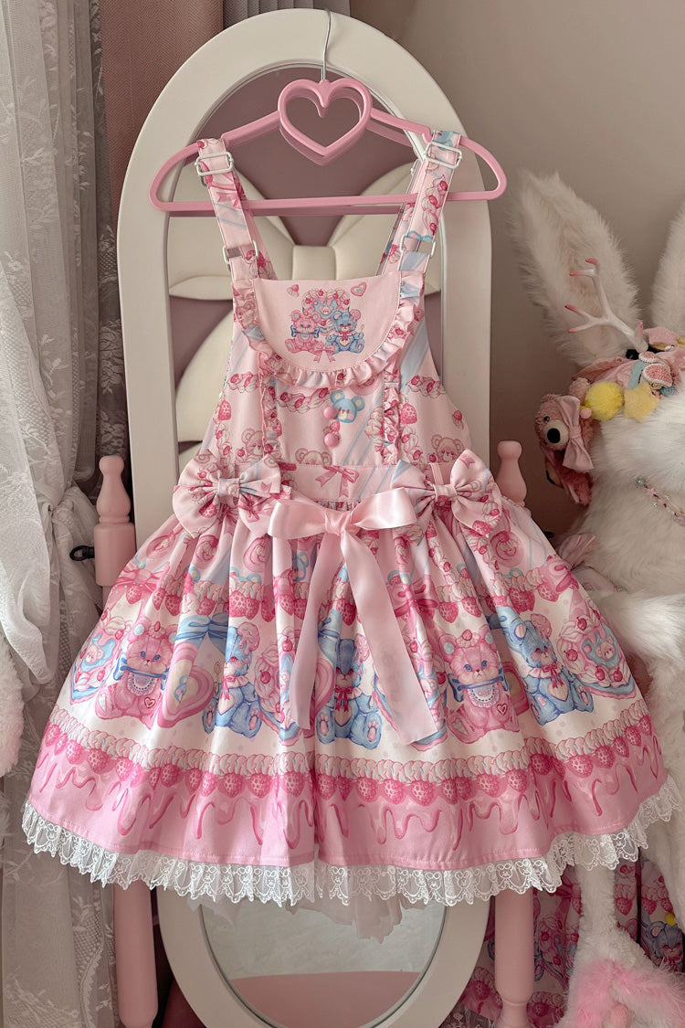 Berry Bear Print Pink Bow Stitched Lace Lolita Strap Dress