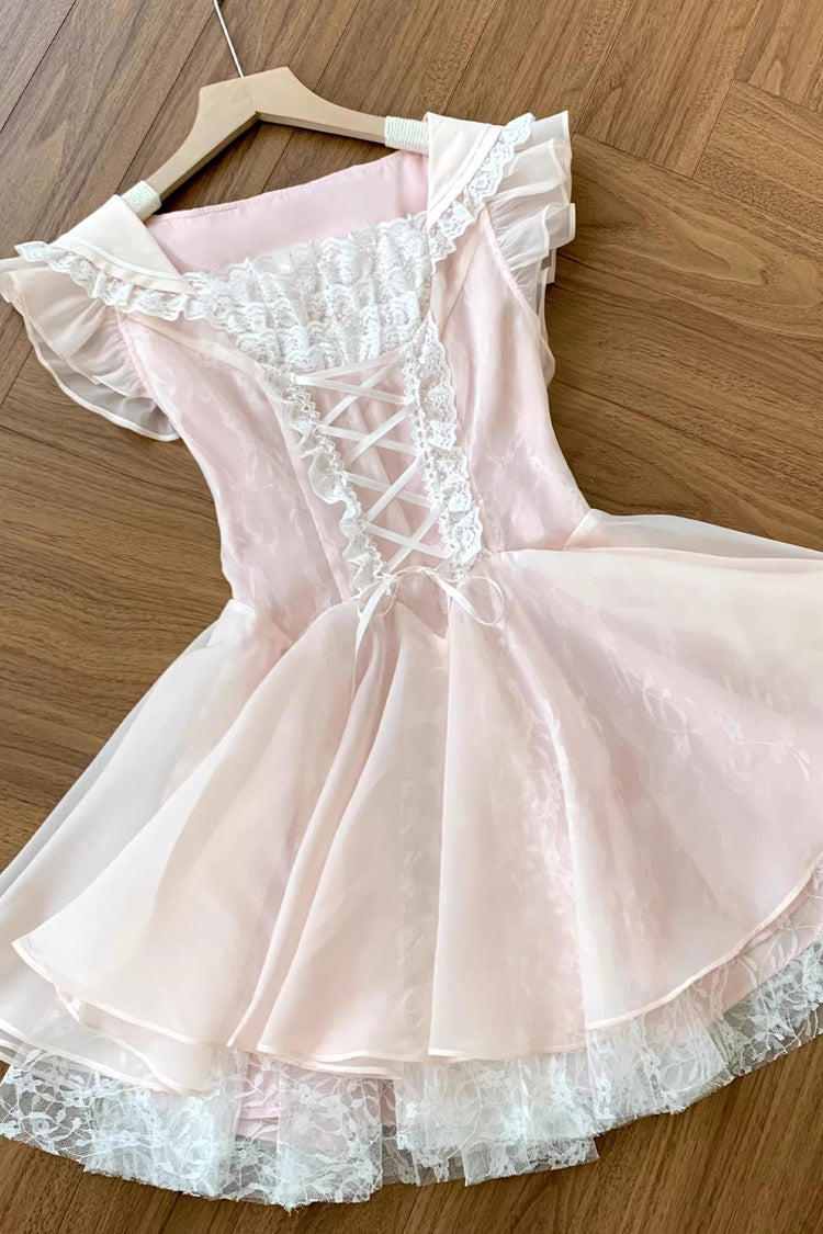 Blush Square Collar Ruffle Lace-Up Princess Ballerina Dress - Floral Letter