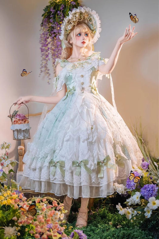 Emerald Glazed Phantom Off-Shoulder Ruffle Hanayome Bow Lace Dress