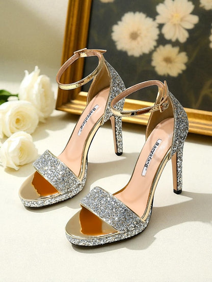 Sandals Glitter Silver High with Women's Heel Strap Ankle