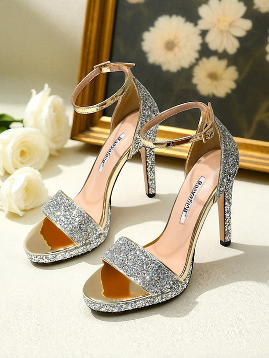 Sandals Glitter Silver High with Women's Heel Strap Ankle