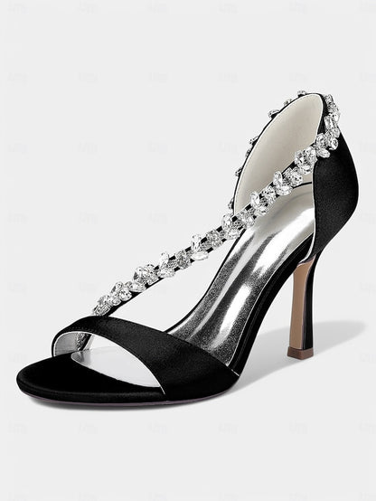 with High T-Strap Champagne Crystal – Women's Heels Satin