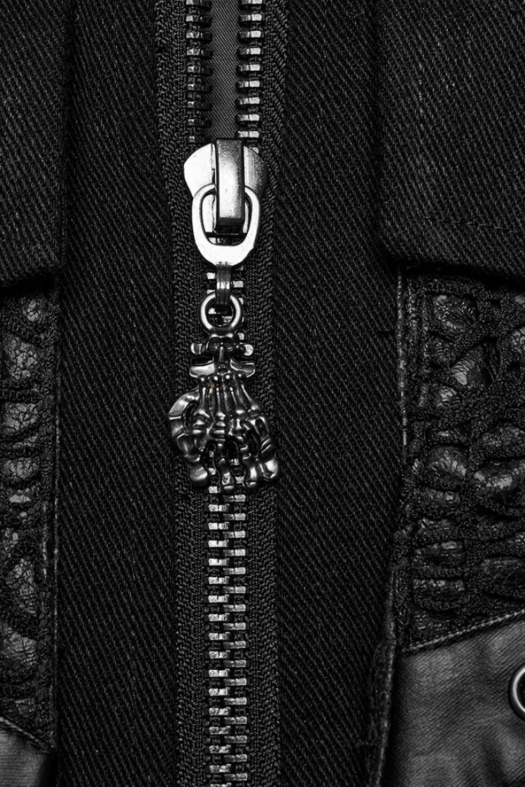 Slim-Fit Black Gothic Vest, Mandarin Collar with Stitch Detailing for Men