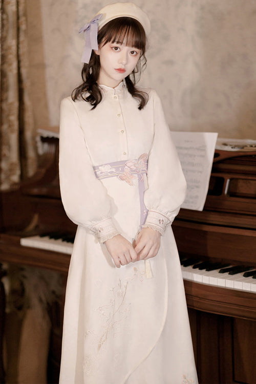 Classic Lolita OP Gown Full Set with Butterfly Embroidery, Ruffled Lantern Sleeves