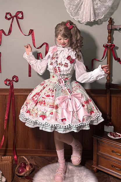 Natural Waisted Ruffle Bowknot Sweet Lolita JSK Dress with Strawberry Dessert Print - 4 Colors